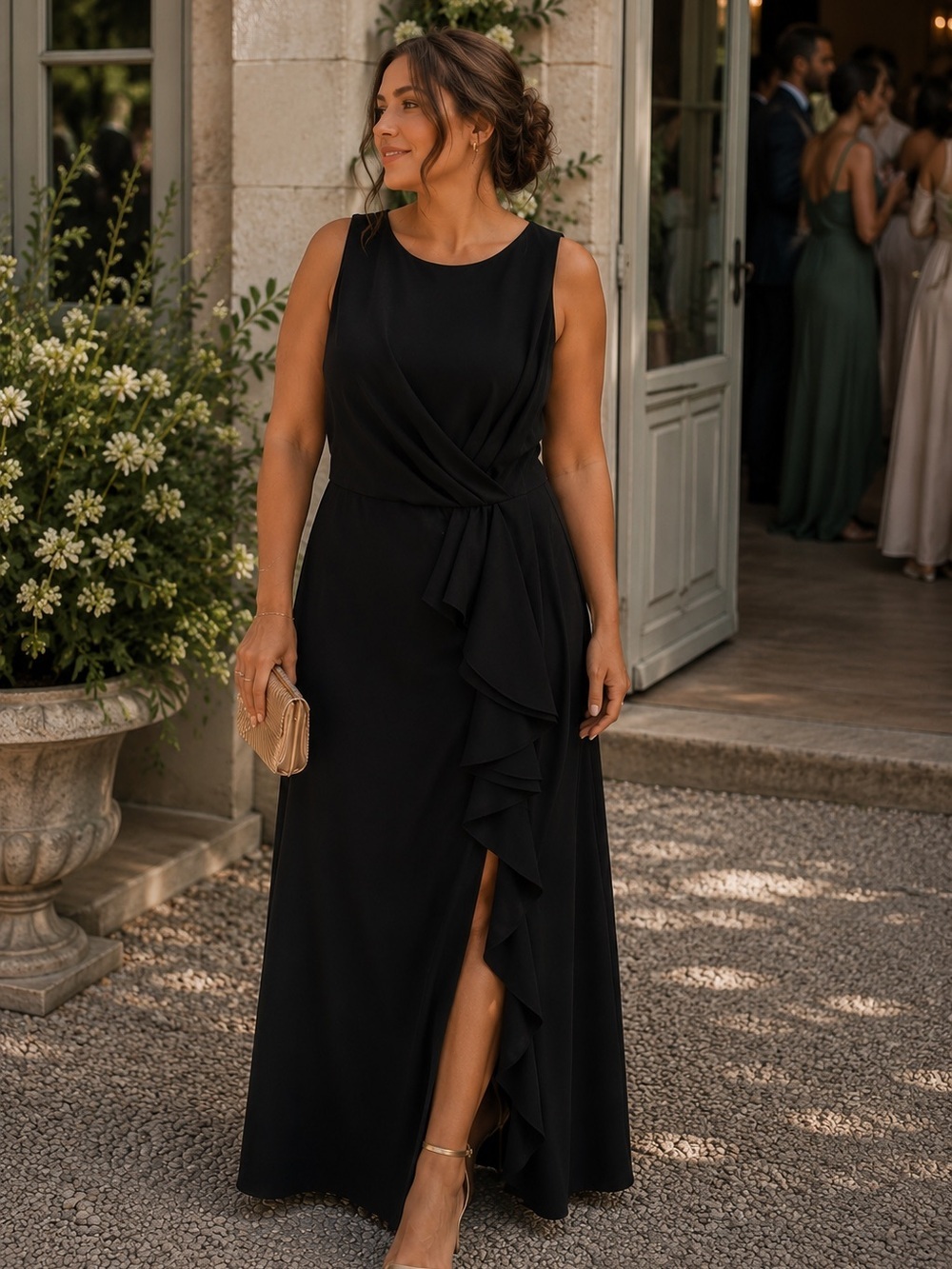 Betsy & Adam Black Ruffle Gown Wedding Guest Bridesmaid Dress 12 Luxury Lined